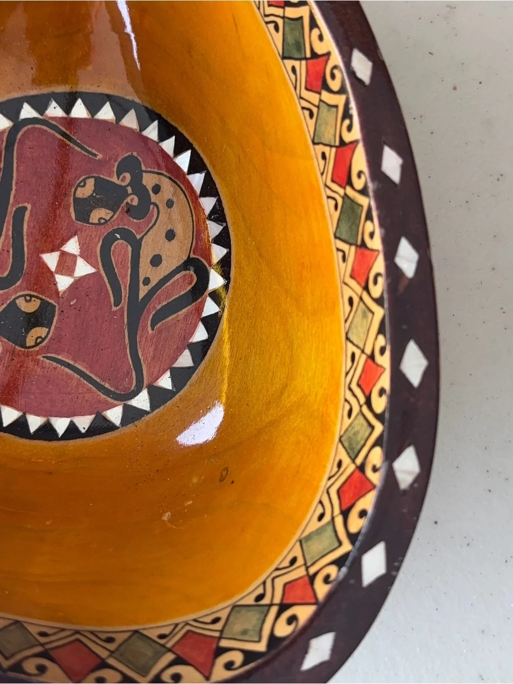Hand Carved Wooden Bowl Mother of Pearl Inlay Animal Motif Tribal South Africa?